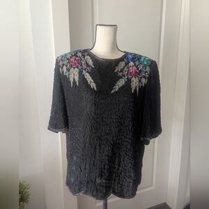 Vintage Laurence Kazar embroidered Black Beaded Short-Sleeve Women's Top.